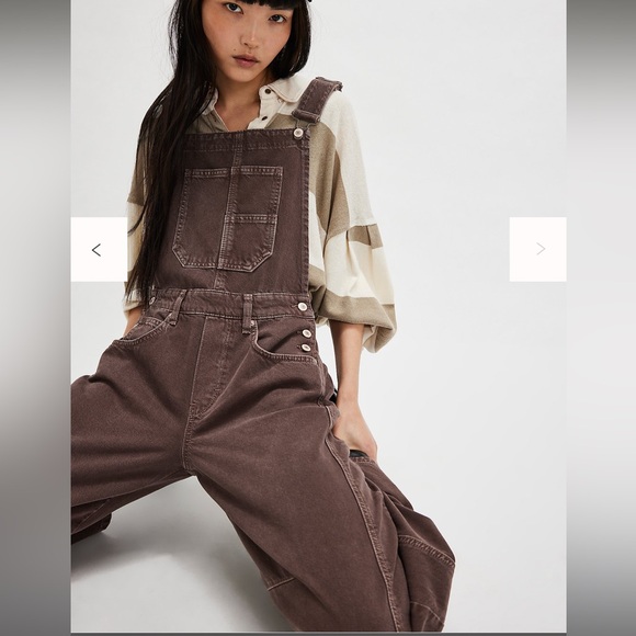 Free People We The Free Good Luck Barrel Overalls XL Chocolate Mousse NWT - Picture 2 of 7